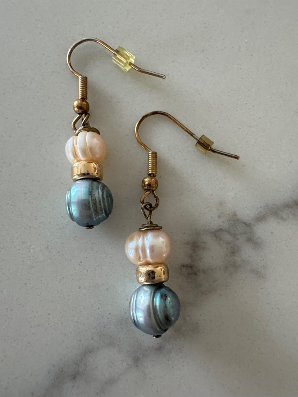 Gold-tone Pearl and Iridescent Blue Bead Drop Earrings - Women Jewelry